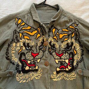 Vintage Hand-Embroidered Tiger Face Cropped Jacket